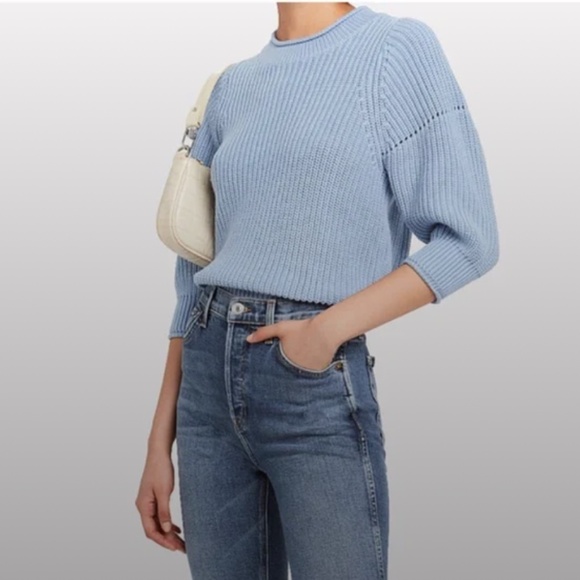 FRAME Puff-Sleeve Chunky Ribbed Knit Cotton/Cashmere Sweater NWOT/sz XS - Picture 2 of 15